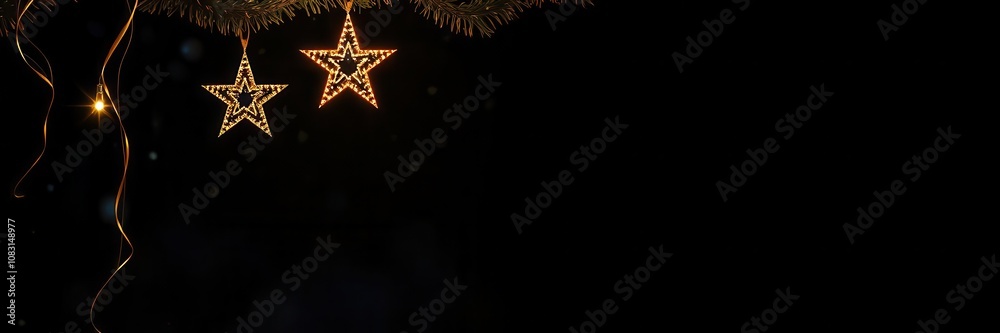 Obraz premium Gold star shaped light suspended against a dark backdrop with a soft glow, hanging, Christmas, shimmer