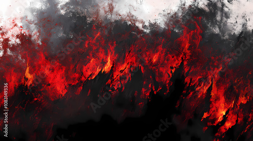 Dante's inferno-inspired scene with raging fire, lava flows, and dark smoke, illustrating the concept of hell. Inferno. Illustration