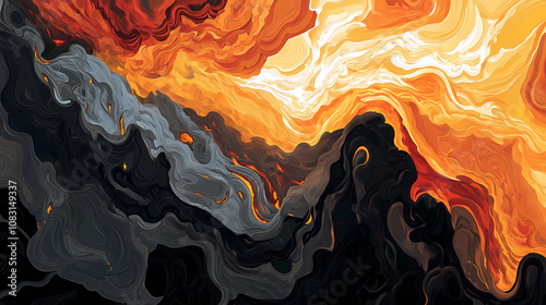 Dante's inferno-inspired scene with raging fire, lava flows, and dark smoke, illustrating the concept of hell. Inferno. Illustration photo