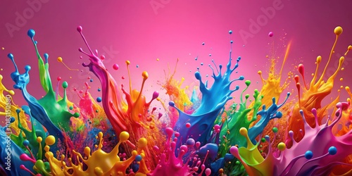 A vibrant symphony of colors, a chaotic yet harmonious dance of paint splashes, each hue bursting forth with energy and captivating the eye in an explosion of liquid artistry.