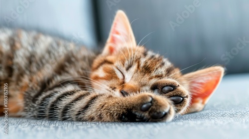 A serene lazy cat snoozes peacefully on a cozy sofa, with a beautifully blurred backdrop adding to the calm ambiance. photo