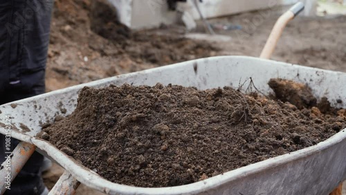 A worker pours soil into a wheelbarrow with a shovel close-up 4K. Trolley full of earth. Handmade with a hand tool at home outdoors