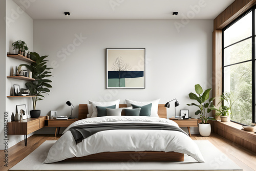 modern living room with fireplace, interior of a bedroom with a bed
