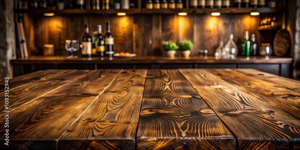 Obraz premium Rustic Wooden Tabletop with Blurred Background of a Cozy Bar with Bottles and Warm Lighting