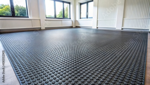 Close-up view of a black patterned floor mat with rows of evenly spaced circular dimples, ideal for preventing slipping, offering shock absorption, and providing extra traction photo