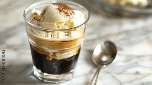 A glass of rich black coffee topped with creamy vanilla ice cream, served with a spoon for the perfect blend of warmth and sweetness in every bite. A delightful treat for coffee lovers. photo