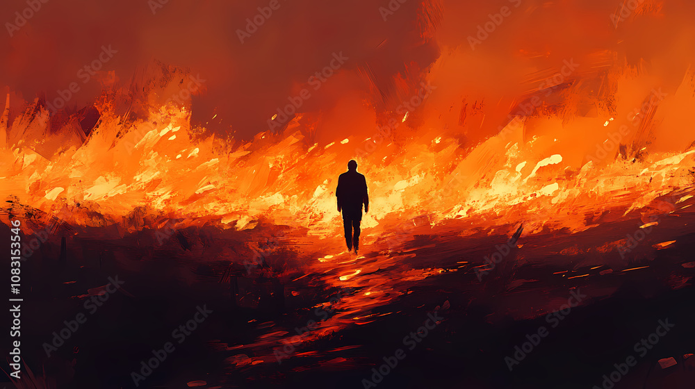 Fototapeta premium A lone figure walks through fiery path. Inferno. Illustration