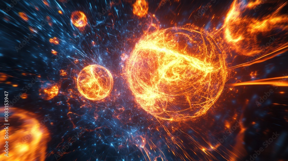 Fototapeta premium floating orbs of fire, surrounded by a surreal galaxy of shimmering particles,