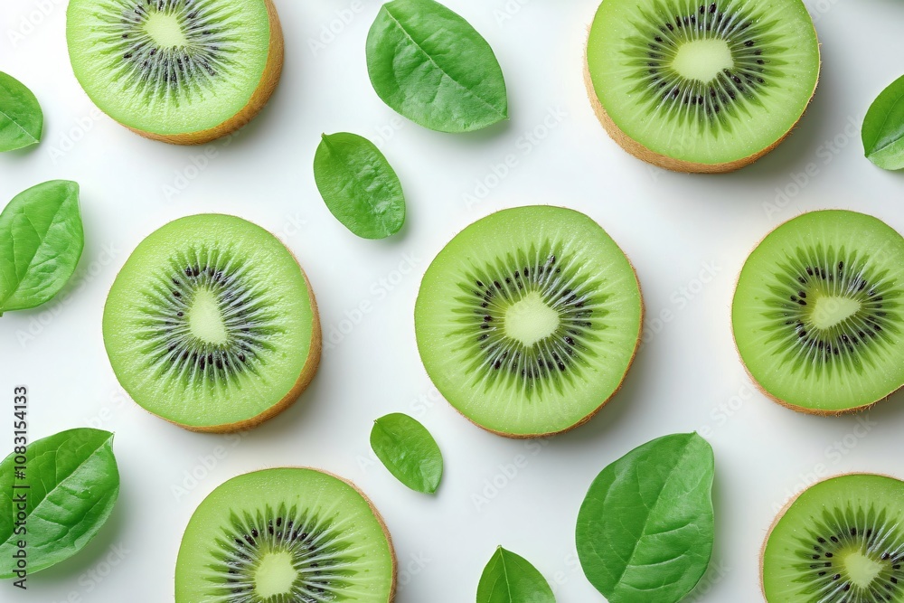 Fototapeta premium Vibrant kiwi slices surrounded by fresh green leaves on a clean white background for a healthy dish