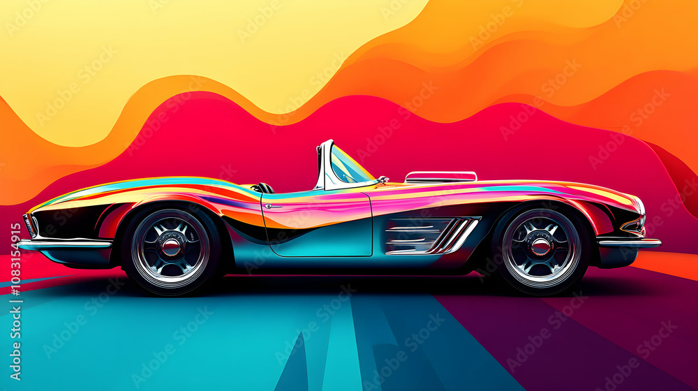 Naklejka premium Vibrant Classic Convertible Car Illustration Against Abstract Colorful Background