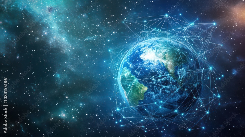 Obraz premium Earth surrounded by a network of digital connections, represented by glowing lines and nodes linking various continents.
