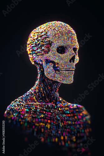 Futuristic Digital Skull Made of Colorful Data Blocks on Dark Background
