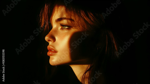 Golden Hour Portrait: Freckled Woman's Face Lit by Warm Sunlight, Dark Background