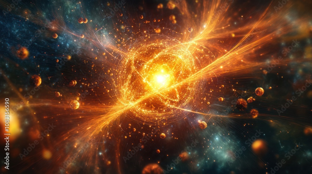 Obraz premium Quantum dimension filled with radiant light beams and small atomic spheres radiating from a central glowing core