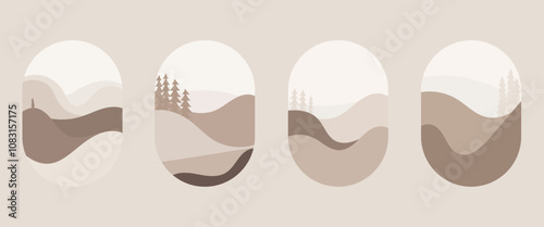 Vector illustration. Abstract oval composition with hills, forests and smooth lines. Brown and beige tones prevail, creating a feeling of calm and warmth.