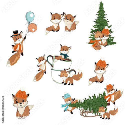 Collection of vector cute foxes Christmas theme cartoon childish style