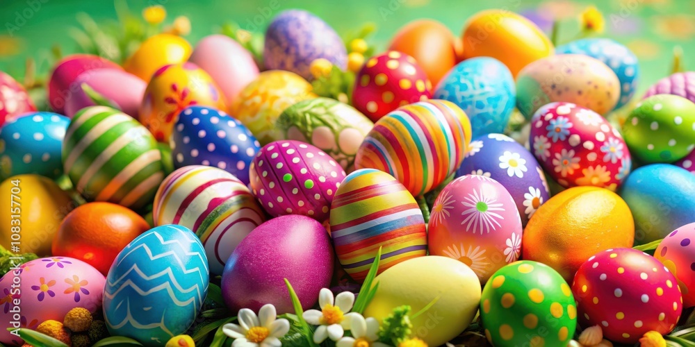 Fototapeta premium A vibrant collection of colorful Easter eggs adorned with intricate patterns and designs, nestled amidst delicate green grass and blooming white flowers.