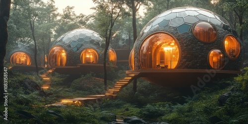 Futuristic geodesic dome homes nestled in a misty forest.