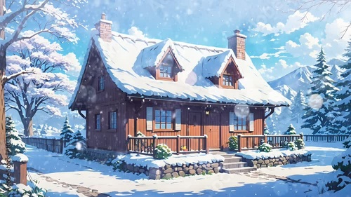 Wallpaper Mural Cozy snow-covered cabin with warm lights in winter landscape at sunset. Winter retreat concept Seamless looping 4k time-lapse animation video background   Torontodigital.ca