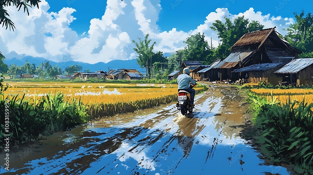 Obraz premium Motorbike on a Muddy Path in a Village