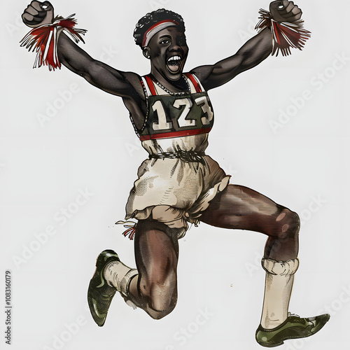 cheering african american at an sports event highlighted by white, vintage, png photo