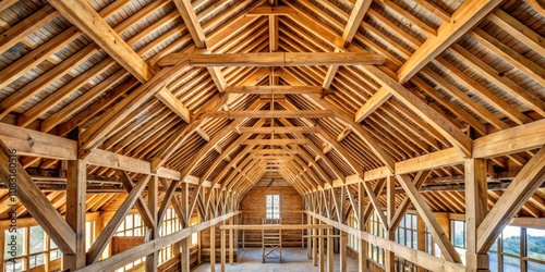 The intricate wooden framework of a large building, showcasing a complex and sturdy truss system, with natural light filtering through the windows and illuminating the aged wood photo