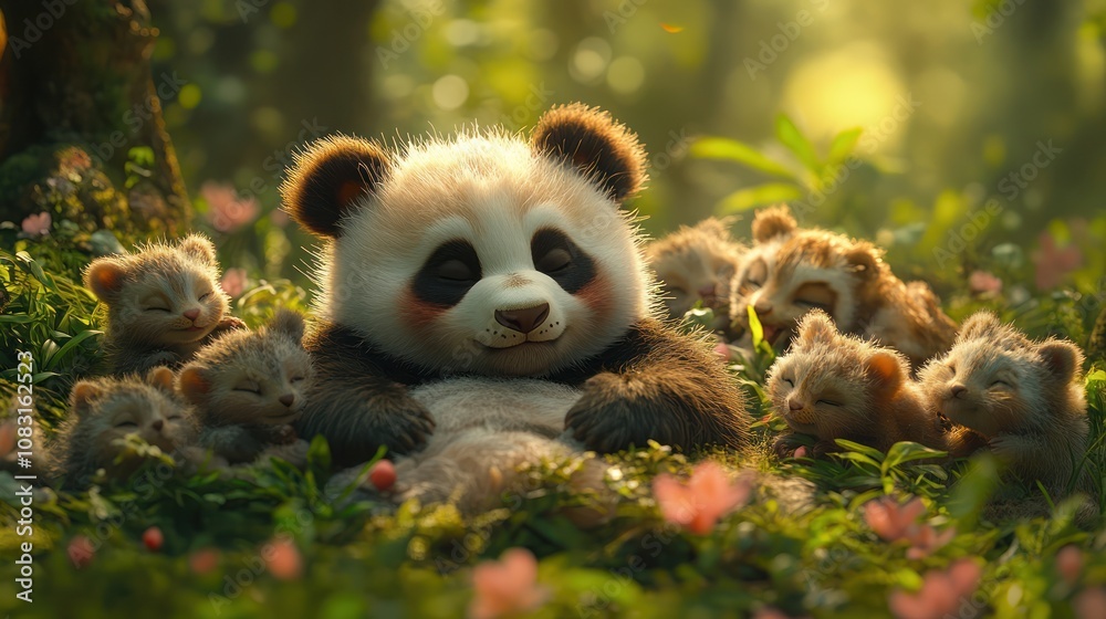 Obraz premium A panda bear trying to do yoga, constantly falling asleep mid-pose, with other animals softly laughing at its cuteness -