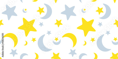 Seamless pattern of colored moons and stars