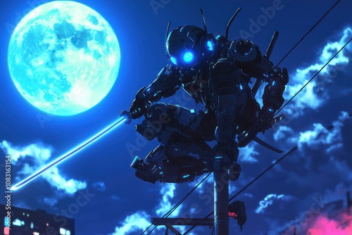 A sleek ninja robot stands atop a utility pole, poised and ready for action. Its futuristic design blends stealth and strength, overlooking the city below with a sharp, calculating gaze. photo