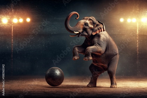 The silhouette of an elephant balancing on a ball recalls a classic circus act in a minimalistic manner with its simple shape and the round ball photo