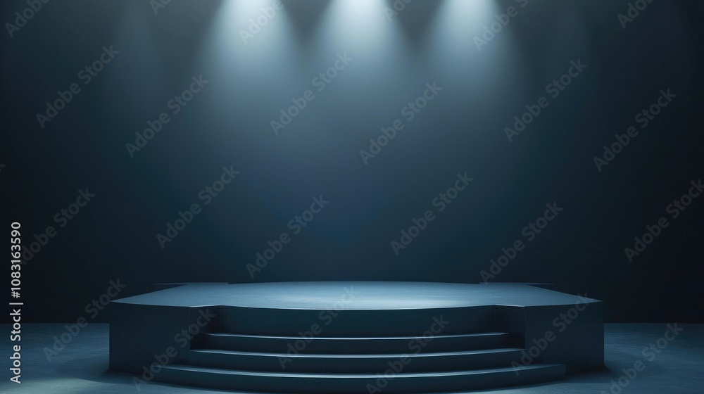 Obraz premium A Circular Platform with Three Steps Lit by Spotlights in a Dark Room