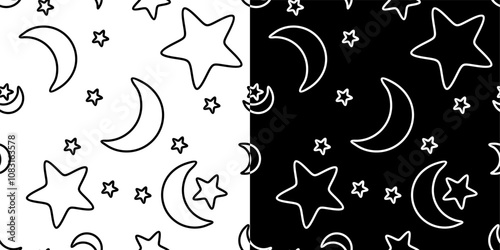 Seamless pattern of black and white moons and stars