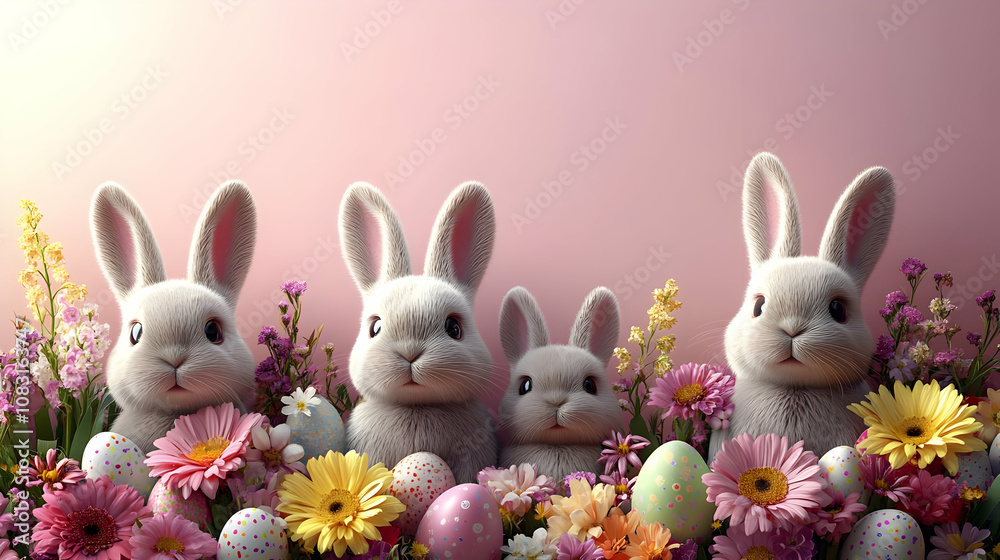 Obraz premium Cute Bunnies with Easter Eggs Illustration