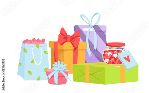 Gift boxes and bags in big pile for Christmas holiday, anniversary and happy birthday party. Lot of surprise present packages of different color and with ribbon bows cartoon