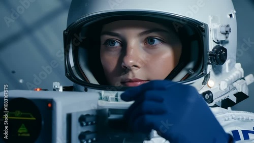 A Young Female Astronaut Diligently Preparing for Her Upcoming Space Mission and Adventure into the Cosmos photo