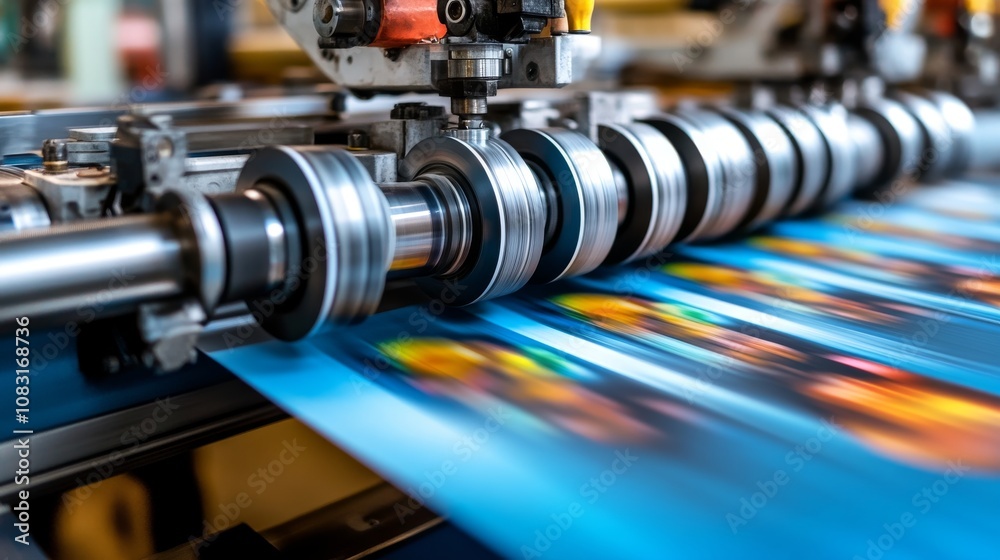 Naklejka premium Printing process in action industrial workflow print production manufacturing facility close-up view advanced technology for high-quality output