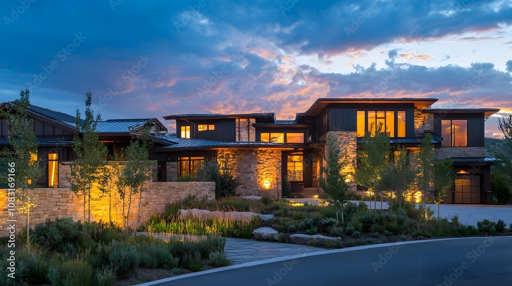 Fototapeta premium Warm Modern Home Exterior at Dusk