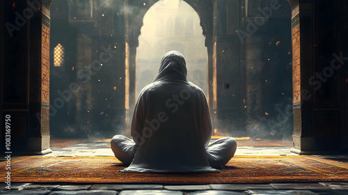 Hooded Figure Meditating in Ancient Temple Illustration photo