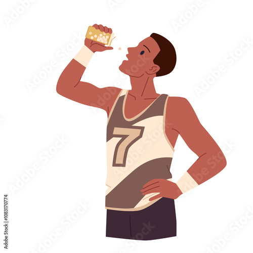 Young man swallowing pills from plastic bottle. Athlete in sportswear or student holding container with capsules to take vitamin or drug therapy, dietary supplements cartoon vector illustration