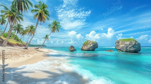 A stunning white sand beach adorned with towering boulders and swaying coconut trees. The serene setting combines natural beauty and tropical charm, perfect for relaxation and picturesque views. photo