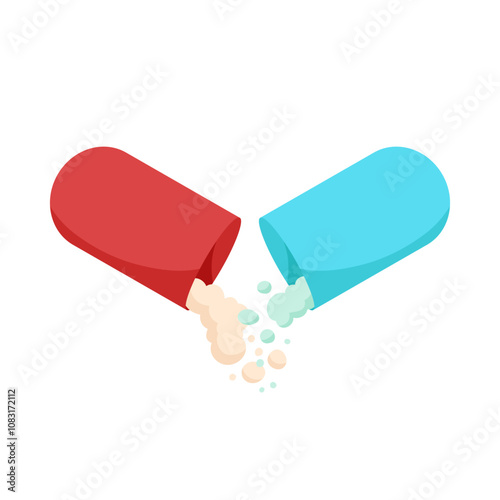 Open capsule and drug powder spilling out. Red and blue parts of pill, falling antibiotic or antidepressant, painkiller medication ingredients or multivitamin supplement cartoon vector illustration