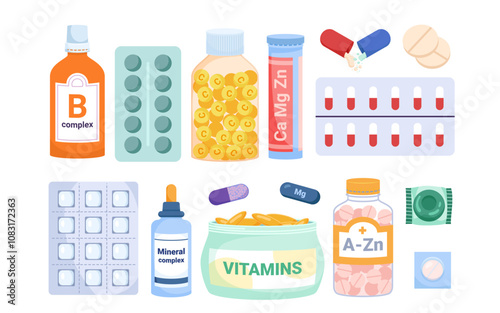 Dietary supplements packages set. Medical glass bottle and packaging, jar with with cap and label, multi complex of micronutrients, minerals and vitamins, open capsule cartoon vector illustration