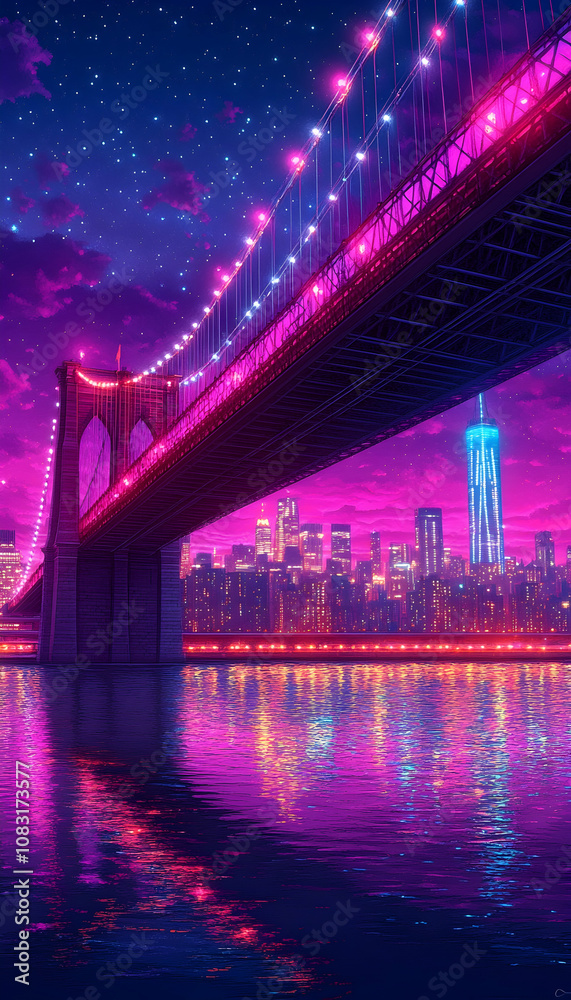 Fototapeta premium Vibrant night cityscape with illuminated bridge reflecting in water.