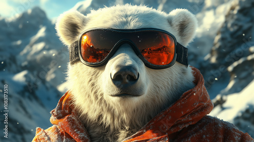 Polar bear realistic humanlike in ski snowboard goggles on natural forest background, winter holiday concept, humanlike outfit, commercial advertisement. Ursus maritimus portrait
