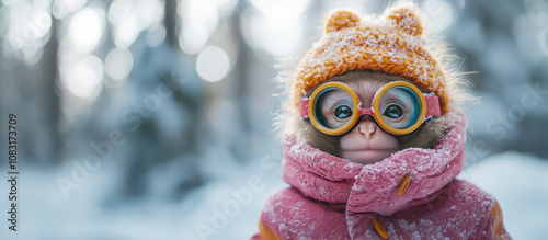 Capuchin monkey portrait. Realistic lifelike capuchin in yellow goggles on natural forest background, winter holiday or sports concept, humanlike outfit, commercial advertisement photo