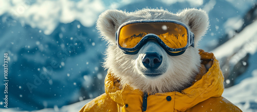 Polar bear in snowboard goggles on natural mauntains background, winter holiday concept, copy space