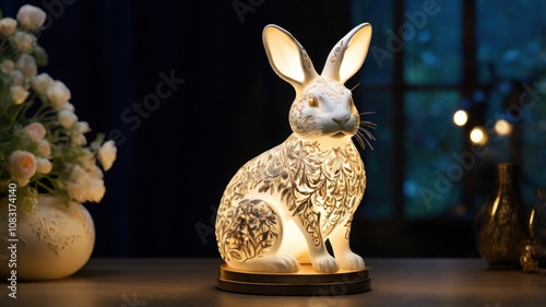 A white ceramic bunny lamp with intricate cut-out details, illuminated, sitting on a wooden table with a vase of white flowers in the background.