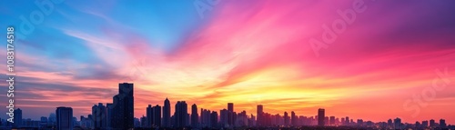 A vibrant sunset casts dramatic colors over a city skyline, blending hues of pink, purple, and blue with silhouetted buildings against the horizon.