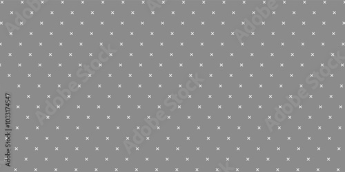 Seamless surface pattern with symmetric ornament. Staggered white crosses on grey background abstract. Grid motif. Ethnic wallpaper. Digital paper for web design, scrapbook. Vector art illustration