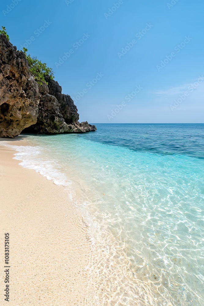 Obraz premium Clear Blue Waters and Sandy Beach under Blue Sky